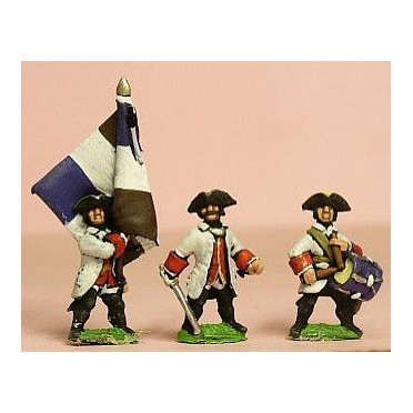 Seven Years War French: Command: Fusilier Officer, Drummer & Standard Bearer with cast metal flag