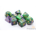 Yellow Sign Dice - Purple and Green Masked edition Polyhedral Set 2