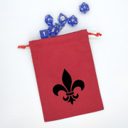 Flat red dice bag with black fleur-de-lis motif