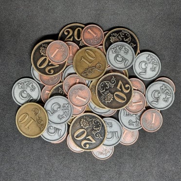 Set of generic metal coins of value 1, 5, 10, 20 for board games