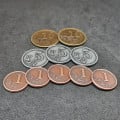 Set of generic metal coins of value 1, 5, 10 for board games 10