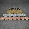 Set of generic metal coins of value 1, 5, 10, 20 for board games 8